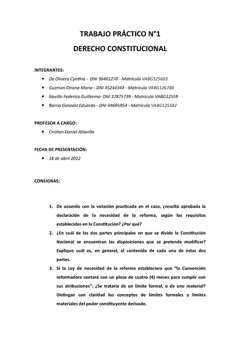 Trabajo Práctico Derecho Constitucional Trabajo PrÁctico N° Derecho Constitucional