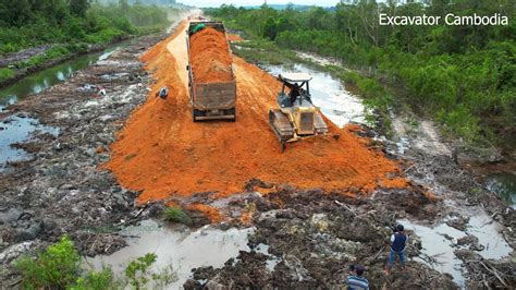 Good Operator Hug Bulldozer Pushing Dirt Build Foundation New Road