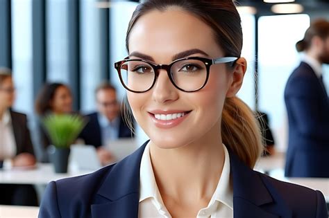 Premium Photo Smiling Businesswoman In Glasses Looking At Camera