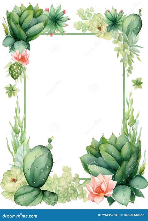 Cactus Frame Watercolor Border On White Background Stock Illustration