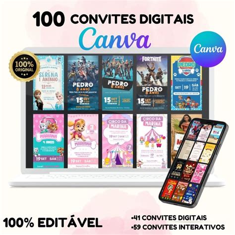 Pack Canva Convite Digital Editável 100 Artes em 2023 Convites