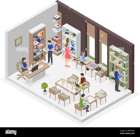 School Or University Isometric Library Students Learning And Reading