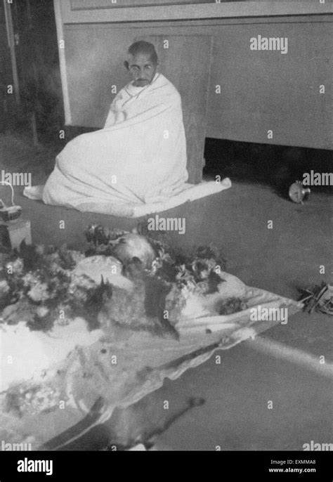 Mahatma Gandhi sitting at death of Kasturba Gandhi at Aga Khan Palace ...