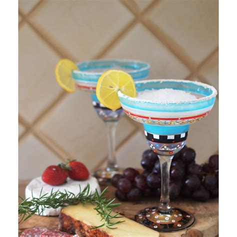 Set Of 2 Blue Mosaic Carnival Confetti Hand Painted Margarita Drinking Glasses 7 Christmas