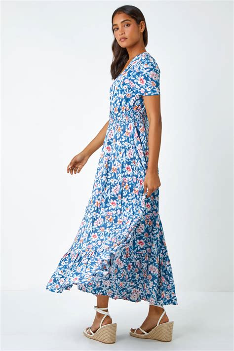 Blue Floral Frill Hem Button Maxi Dress Roman Uk