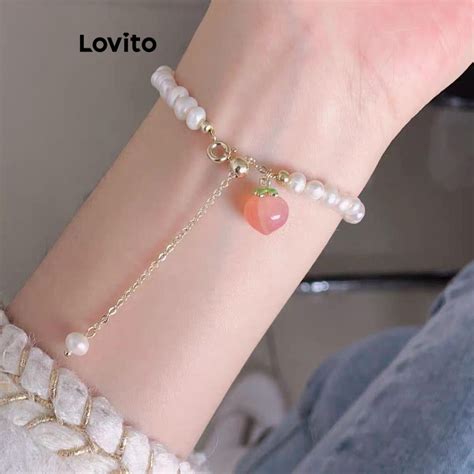 Lovito Pulseira Versátil Casual De Pérolas Lisas Franjas De Pêssego