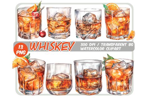 Watercolor Whiskey Cocktails Clipart Set Graphic By Artfulstudio