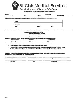 Fillable Online Zcobgyn Authorization For Use Disclosure Of Health