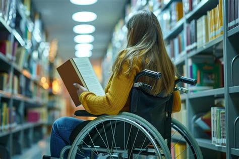 Una Mujer En Silla De Ruedas Leyendo Un Libro En Una Biblioteca Foto