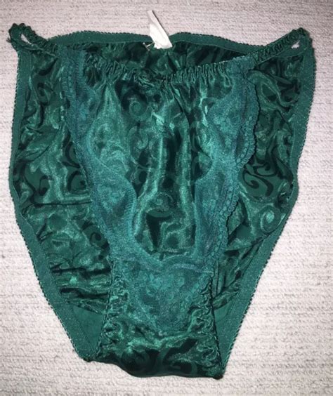 Vintage Emerald Green Satin Lace String Bikini Panties Shiny Polyester