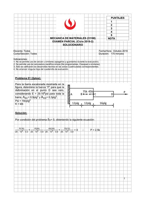 EXA PAR MM SOL 2019 02 Examen Parcial MECANICA DE MATERIALES CI168