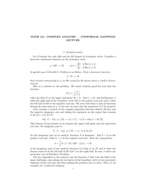 Math 311 Complex Analysis — Conformal Mappings Lecture 1 Introduction