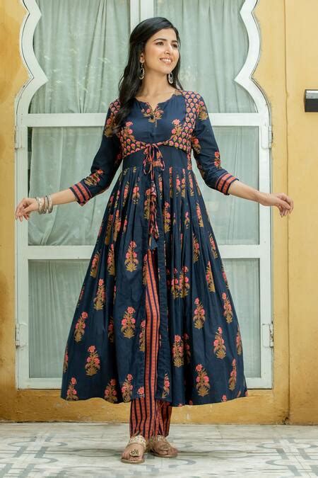 Buy Blue Cotton Printed Mughal Notched Anarkali With Pant For Women By