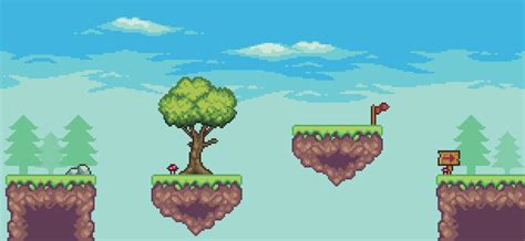 Pixel Art Arcade Game Scene With Floating Platform Trees Clouds And Flag 8bit Background