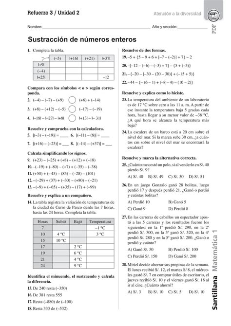 Sustracción De Números Enteros Pdf