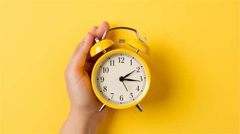 Premium Photo Woman Hand Holding Alarm Clock On Yellow Background