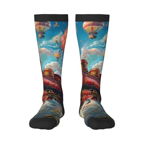 Naloa Beautiful Red Train Hot Air Balloon Thigh High Socks Extra Long Stretchy Sock Women Over