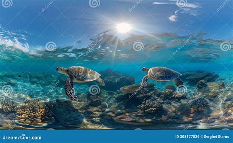 Sea Turtles Swimming Underwater Deep Blue Sea AI Generated Stock