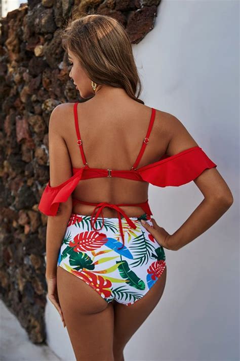 Ruffle High Waisted Bikini With Printed Bottom Design