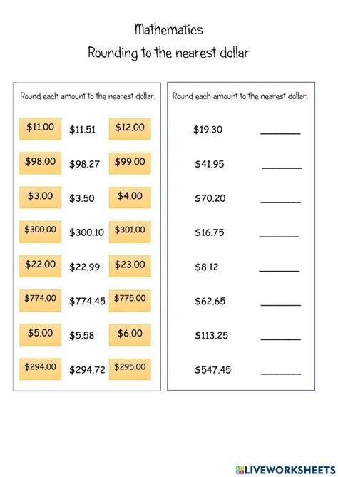 Rounding To The Nearest Dollar Worksheet Live Worksheets Worksheets Library