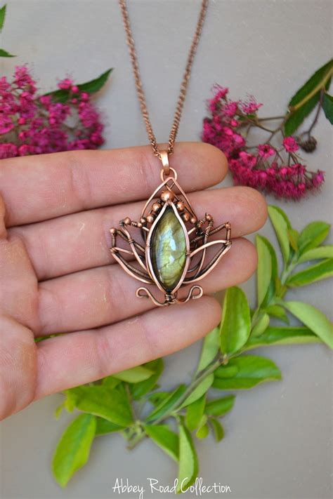 Lotus Flower Pendant With Labradorite Unique Wire Wrapped Pendant