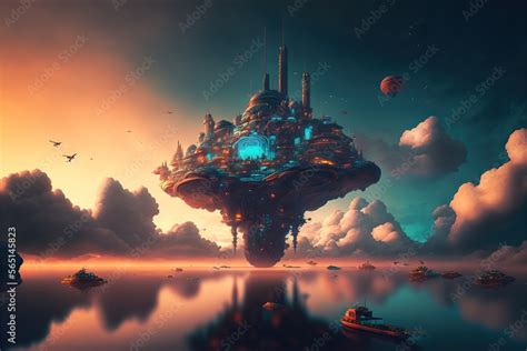 Sci Fi Floating City In The Sky Architecture Blend Of Art Deco And