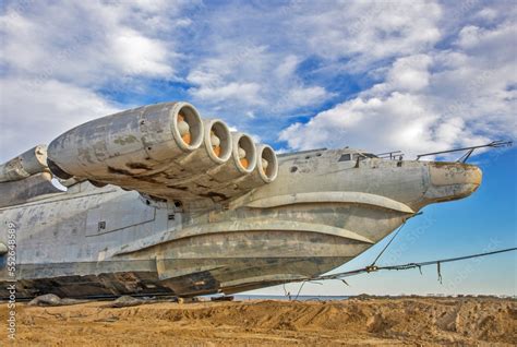 Lun-class ekranoplan (Caspian Sea Monster) at Arablyar village on shore ...