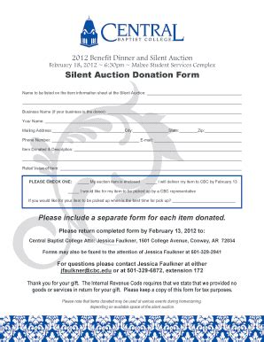 Fillable Online Cbc Silent Auction Donation Form PDF Central Baptist