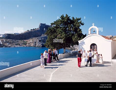 Wedding at the chapel in St Paul's Bay, Lindos, Rhodes,Greece Stock ...