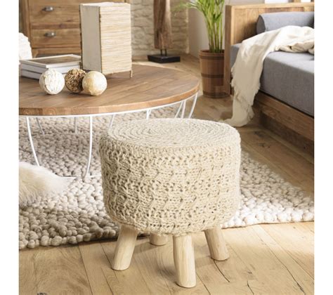 Tabouret Rond Bois Et Laine Ivoire Tabouret But