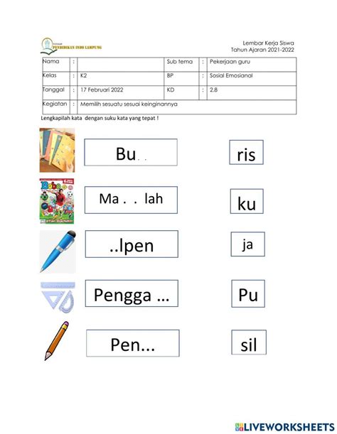 Peralatan Kerja Guru Worksheet Live Worksheets