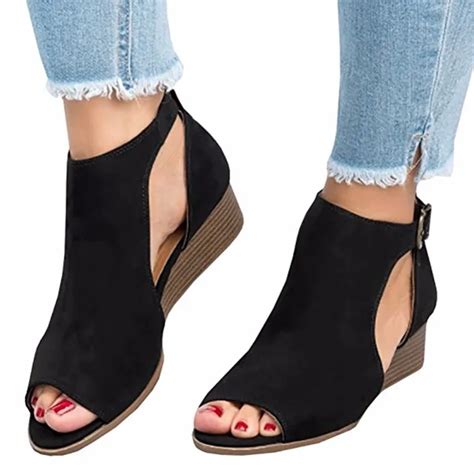 Womens Low Heel Wedge Sandals Open Peep Toe Side Cut Out Ankle Buckle