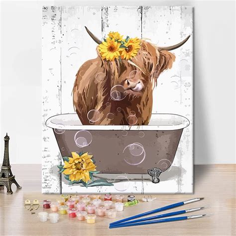 TISHIRON Paint By Numbers For Adults Highland Cow Cute Cow In Bathtub