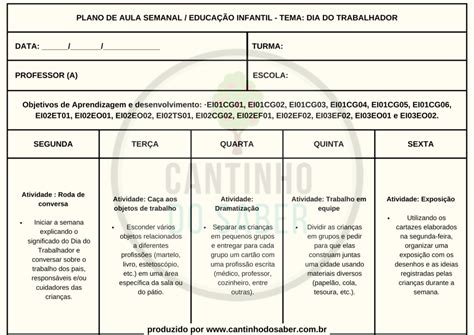 Plano De Aula Semanal Sobre O Dia Do Trabalhador Da Educa O Infantil