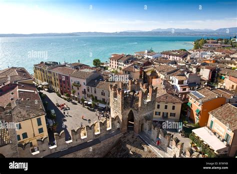 Historic city centre of Sirmione, Lake Garda at back, Lago di Garda ...