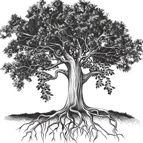 Illustration of a big tree with deep roots and big crown and big leaves