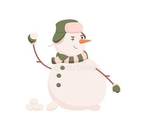 Cute Snowman Playing Snowballs Winter Game Happy Snow Man Throwing Snowy Balls Stock Vector