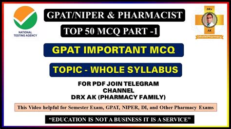 GPAT IMPORTANT TOP 50 MCQs Part 1 GPAT NIPER DI PHARMACIST