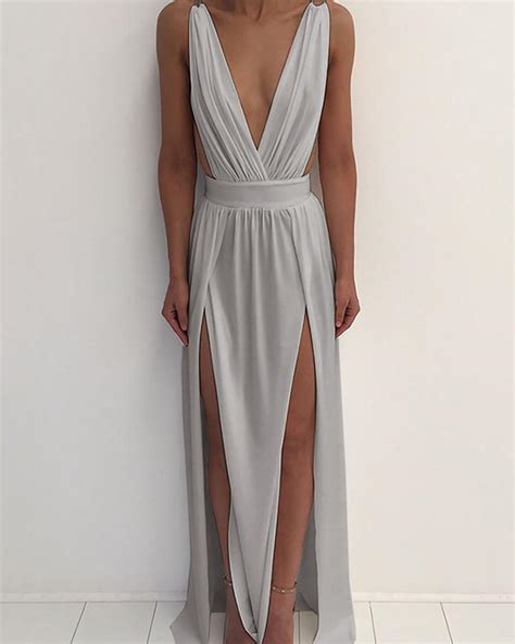 Deep V Neck Strappy Open Back High Slit Maxi Dress Online Discover