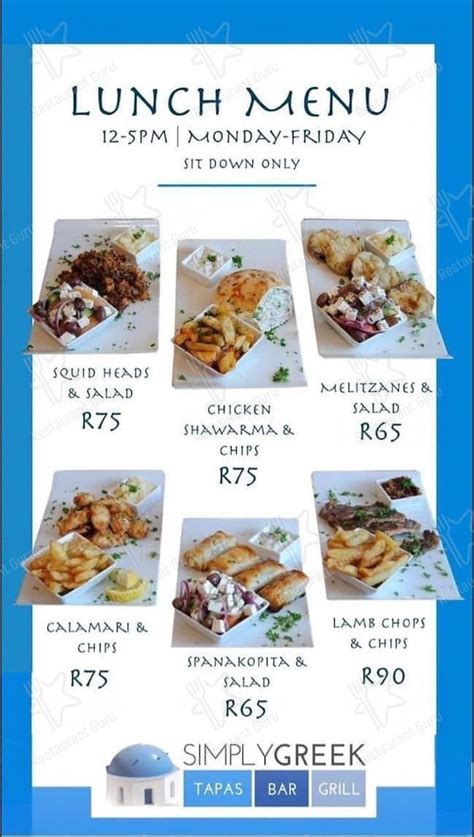 Menu at Simply Greek restaurant, Stellenbosch, 3 Plein St