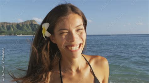 Beach Woman Smiling Laughing Having Fun In Bikini On Waikiki Hawaii Hawaiian Beach Girl