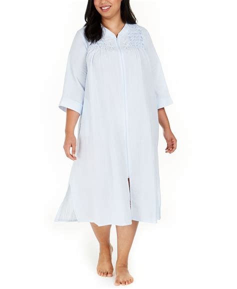 Miss Elaine Plus Size Embroidered Seersucker Long Zipper Robe Macys