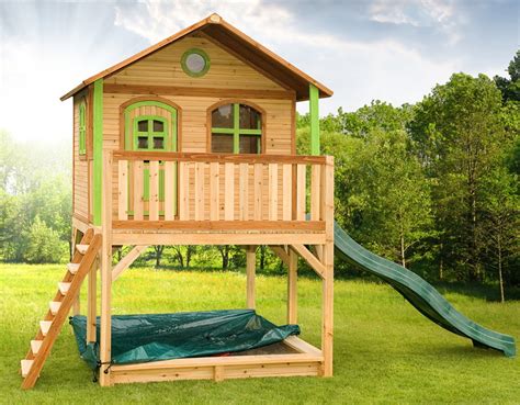 Holz-Kinderspielhaus auf Stelzen Sandkasten Garten 173x113cm Innenmaß