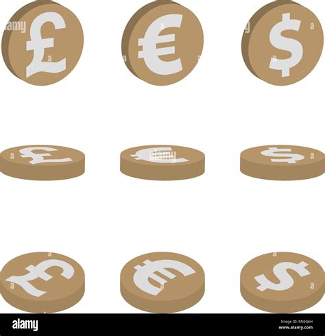 Isometric Icons Of Coins Dollar Euro Pound Sterling Currency Symbols