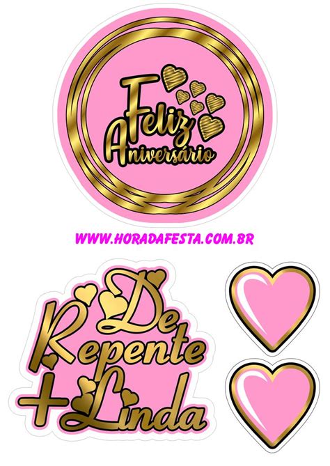 Topo de bolo rosa dourado feliz aniversário de repente mais linda png