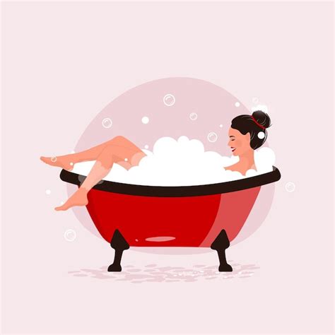 Premium Vector A Woman Taking A Bubble Bath With Her Legs Crossed In A Red Tub