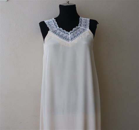 Vintage Long Nightgown Nude Silky Lace Nightgown Dress Full Etsy