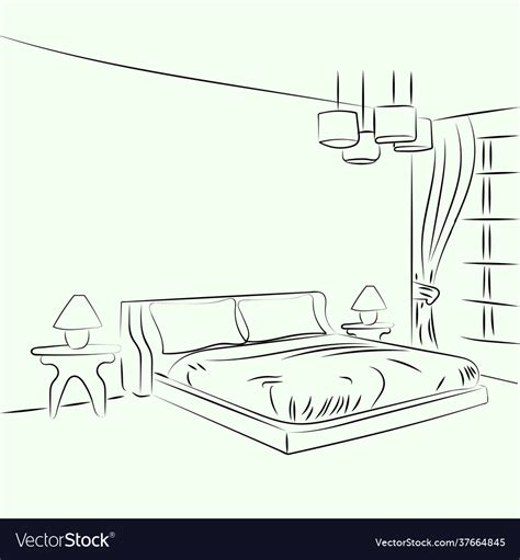 Hotel room king size bed with line art or outline Vector Image