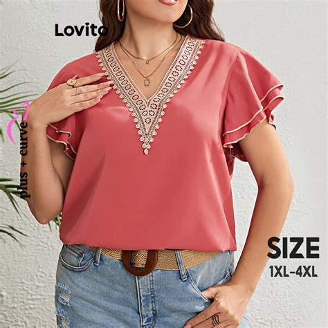 Lovito Plus Size Curva Casual Simples Contraste Gola Blusa Dupla Camada