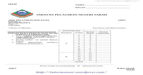 Jabatan Pelajaran Negeri Sabah Tutor Kaedah Matriks Hitung Nilai X